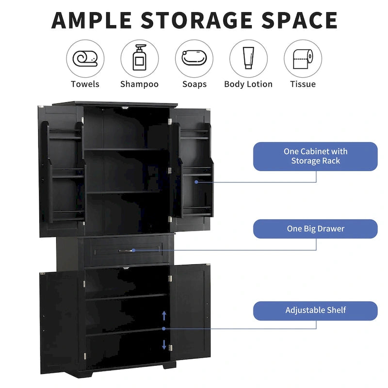 Armoire de rangement haute noire avec 4 portes et 1 tiroir, étagère réglable, utilisation individuelle