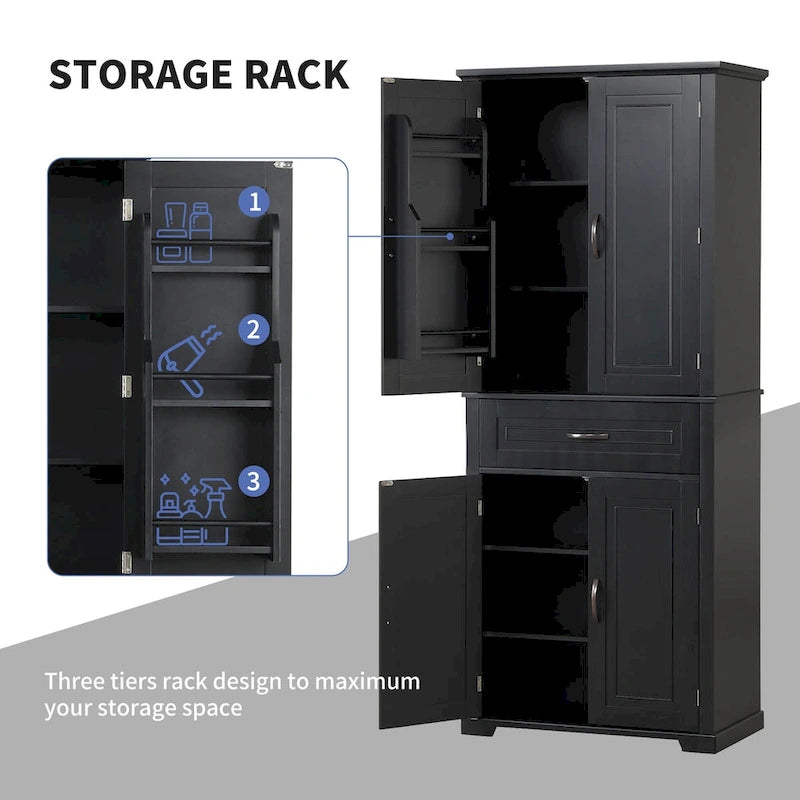 Armoire de rangement haute noire avec 4 portes et 1 tiroir, étagère réglable, utilisation individuelle