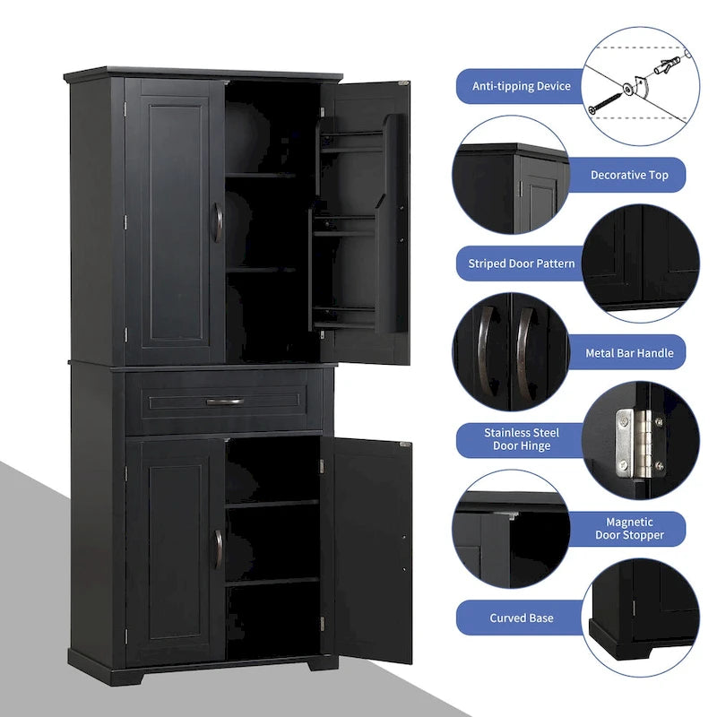 Armoire de rangement haute noire avec 4 portes et 1 tiroir, étagère réglable, utilisation individuelle