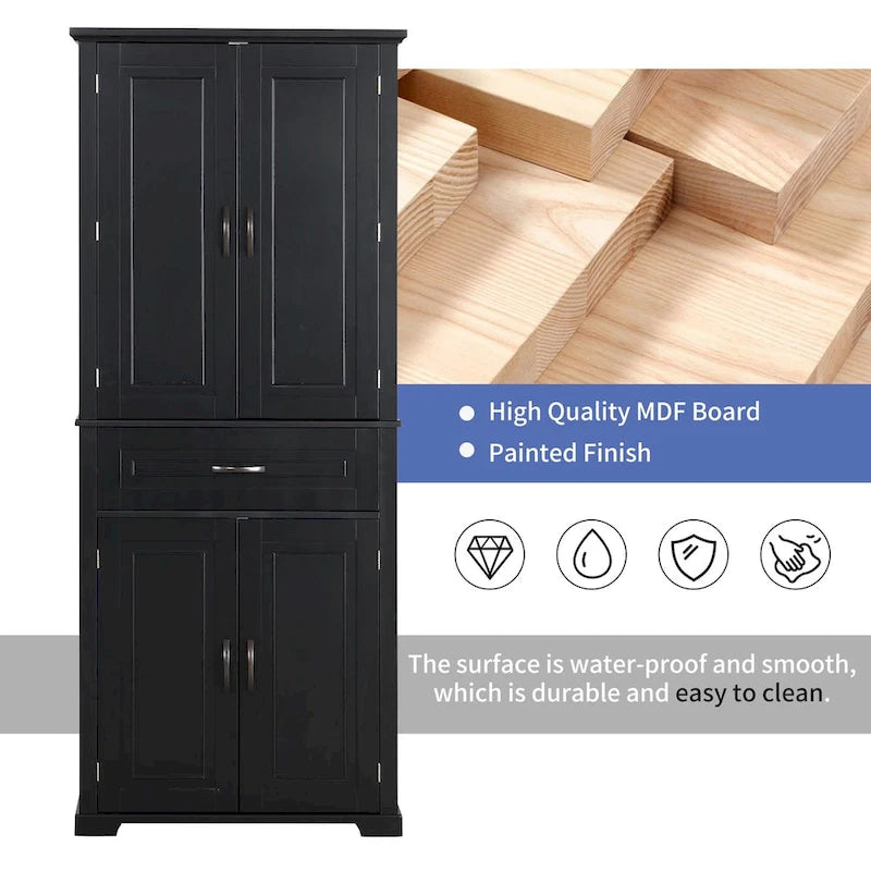 Armoire de rangement haute noire avec 4 portes et 1 tiroir, étagère réglable, utilisation individuelle