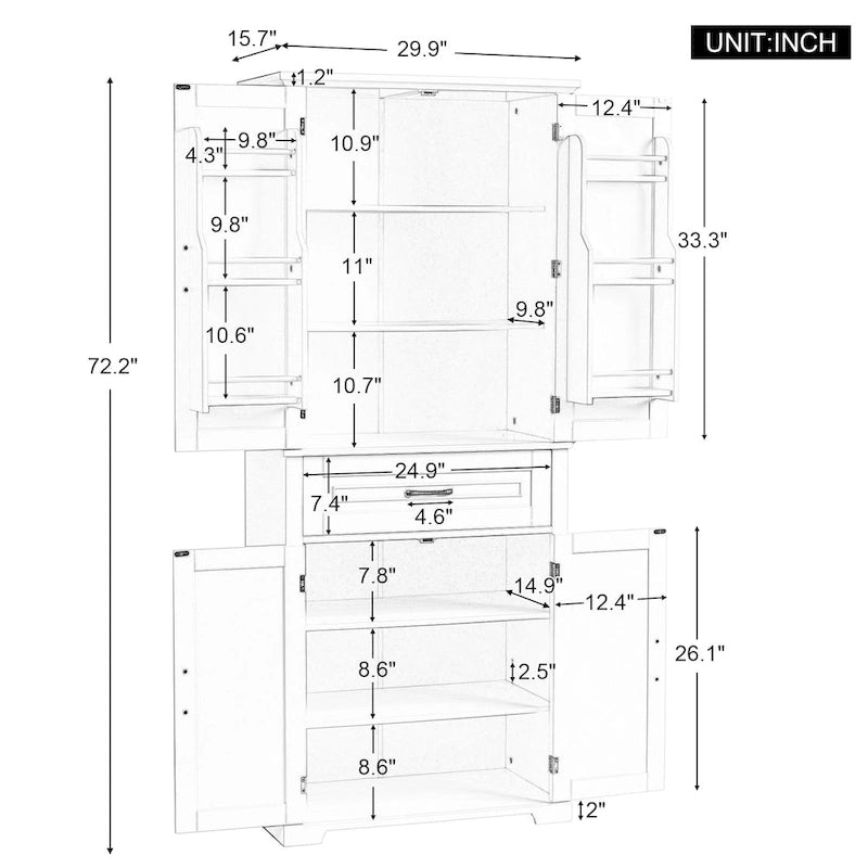 Armoire de rangement haute noire avec 4 portes et 1 tiroir, étagère réglable, utilisation individuelle