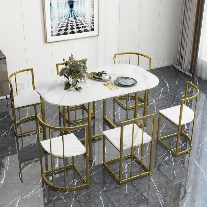 Salle à manger moderne blanc doré pour 6 personnes, 7 pièces avec plateau en faux marbre