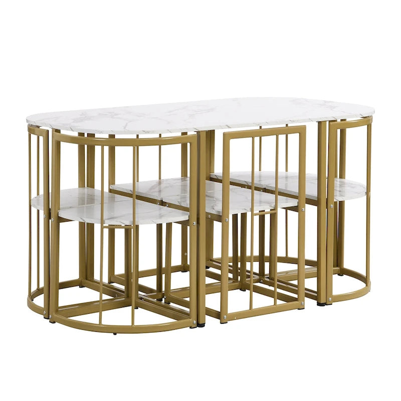 Salle à manger moderne blanc doré pour 6 personnes, 7 pièces avec plateau en faux marbre