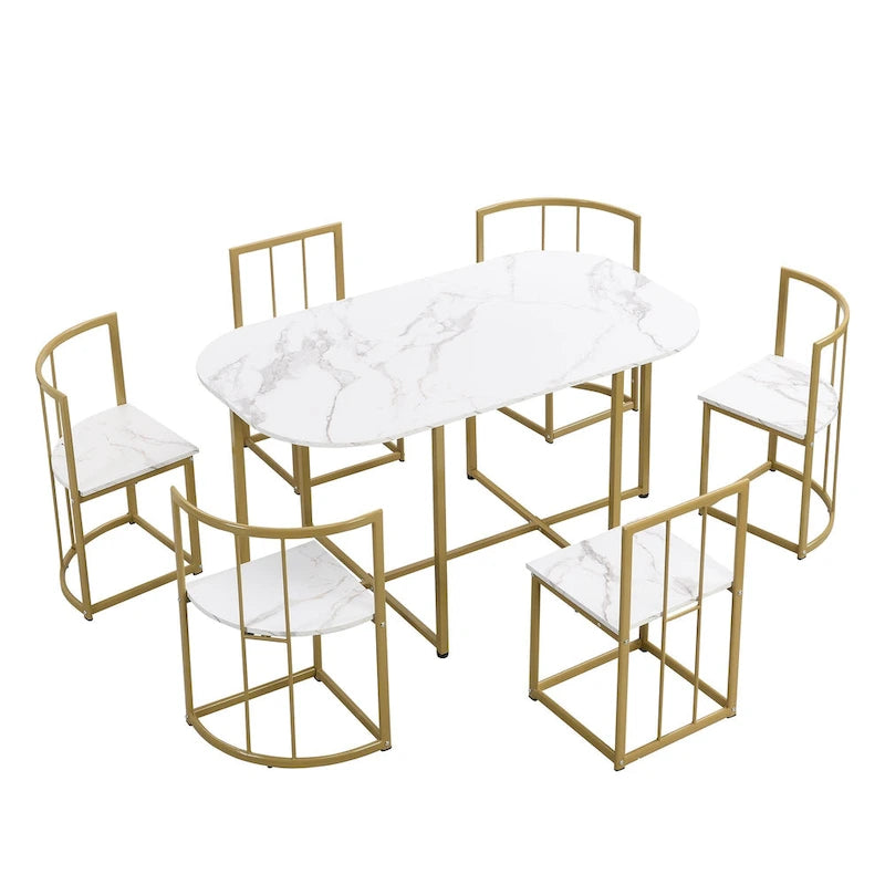 Salle à manger moderne blanc doré pour 6 personnes, 7 pièces avec plateau en faux marbre