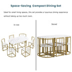 Salle à manger moderne blanc doré pour 6 personnes, 7 pièces avec plateau en faux marbre