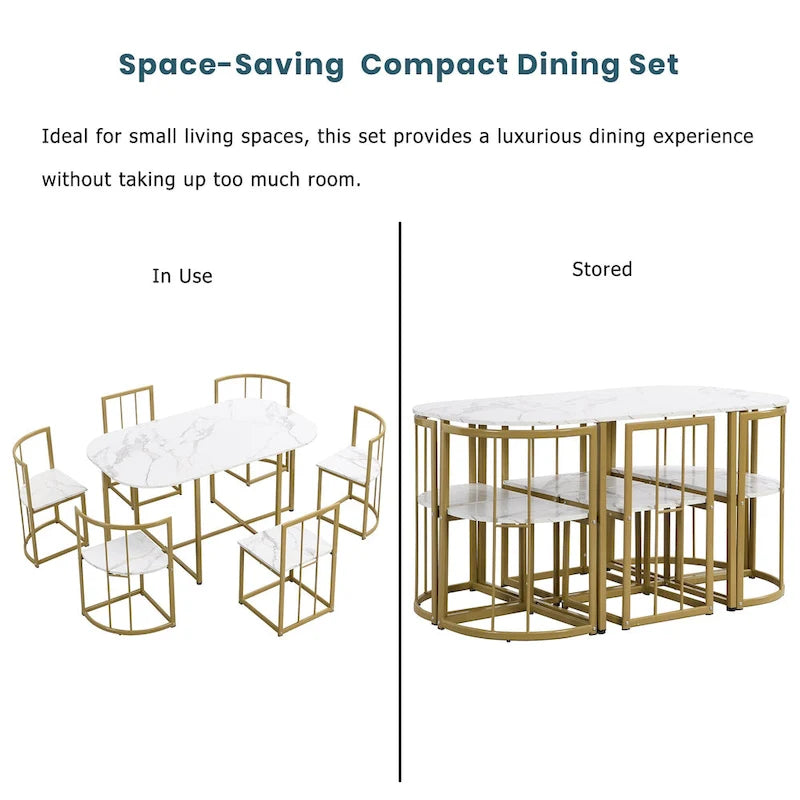 Salle à manger moderne blanc doré pour 6 personnes, 7 pièces avec plateau en faux marbre