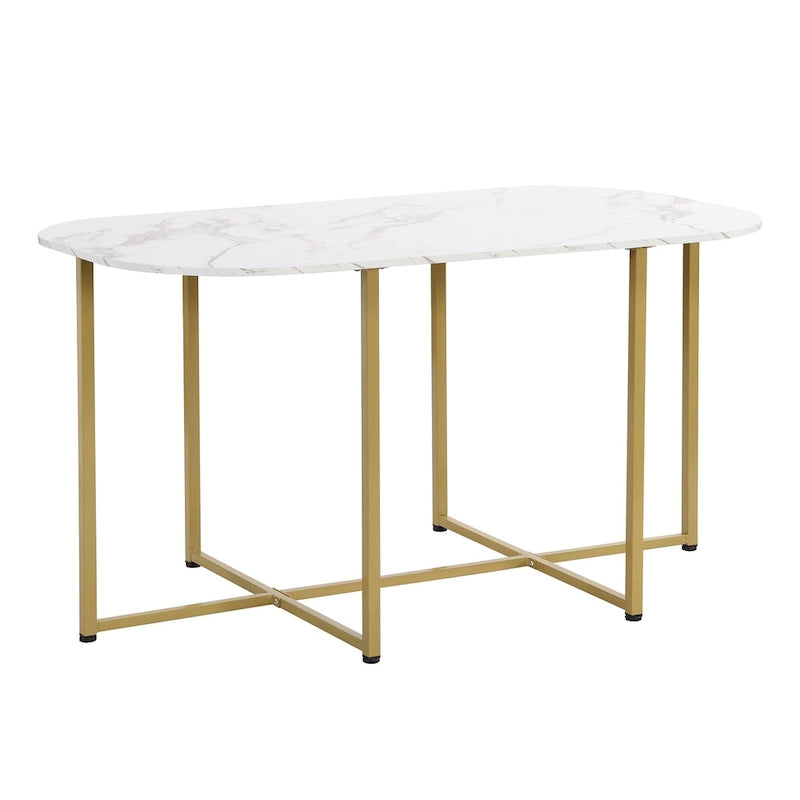 Salle à manger moderne blanc doré pour 6 personnes, 7 pièces avec plateau en faux marbre