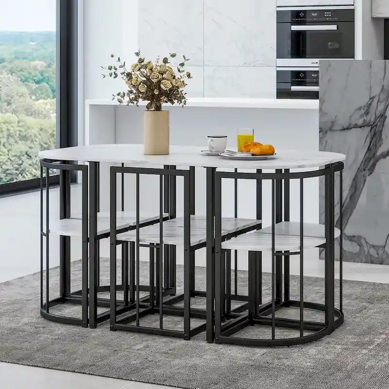 Salle à manger moderne blanc doré pour 6 personnes, 7 pièces avec plateau en faux marbre