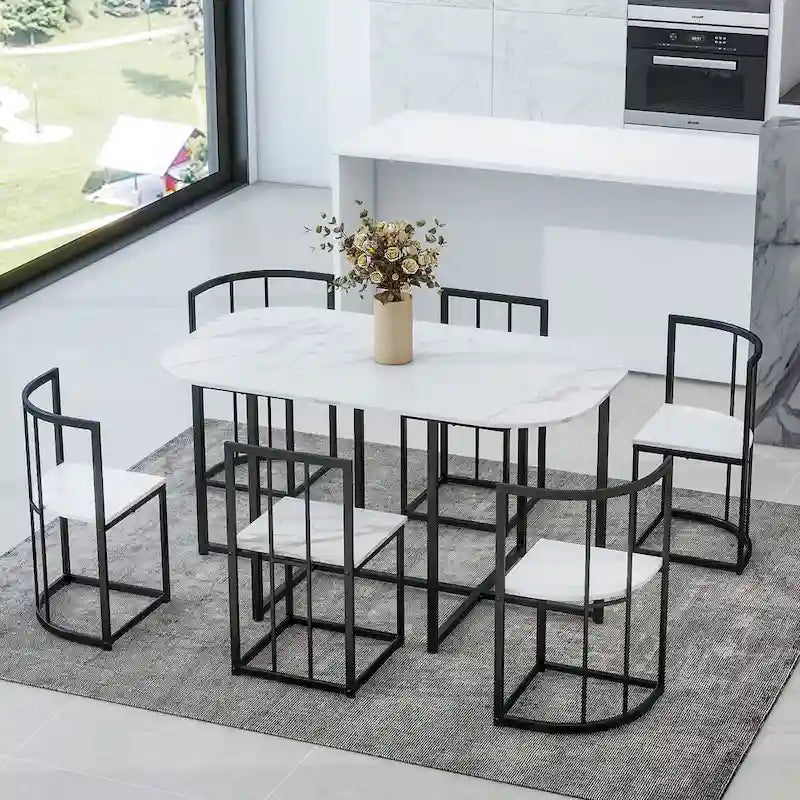 Salle à manger moderne blanc doré pour 6 personnes, 7 pièces avec plateau en faux marbre