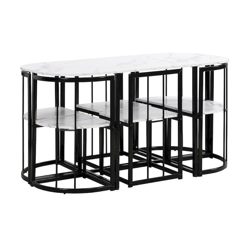 Salle à manger moderne blanc doré pour 6 personnes, 7 pièces avec plateau en faux marbre