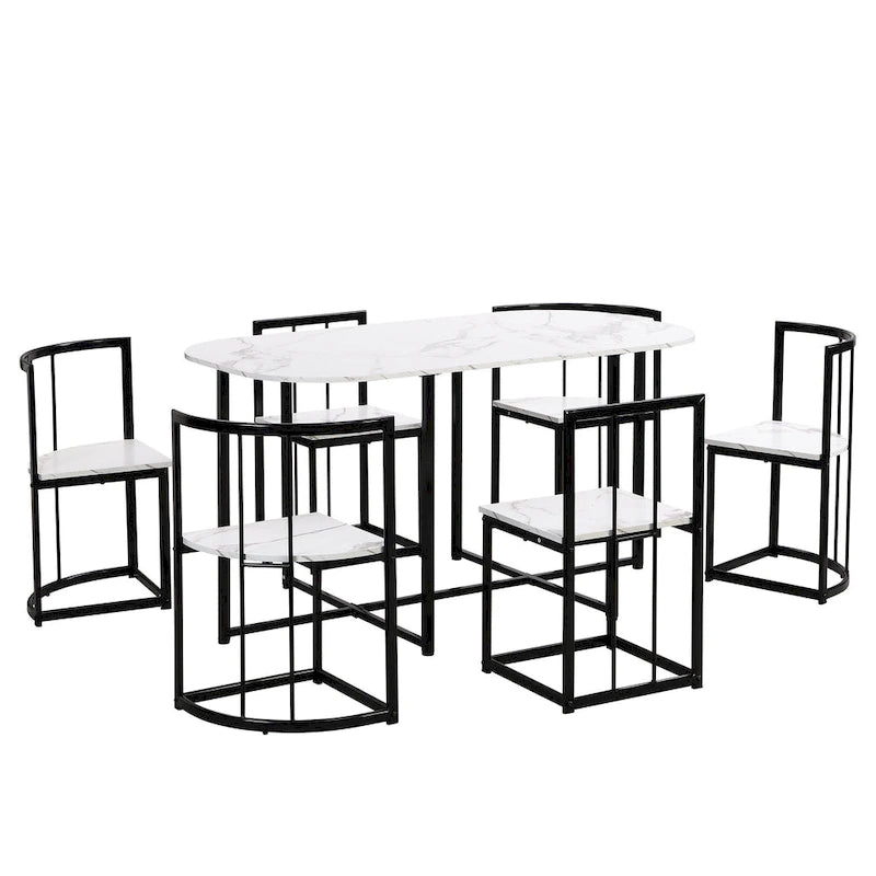 Salle à manger moderne blanc doré pour 6 personnes, 7 pièces avec plateau en faux marbre