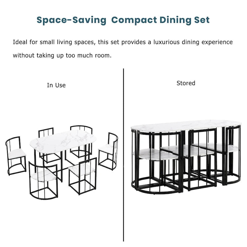 Salle à manger moderne blanc doré pour 6 personnes, 7 pièces avec plateau en faux marbre