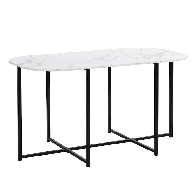 Salle à manger moderne blanc doré pour 6 personnes, 7 pièces avec plateau en faux marbre