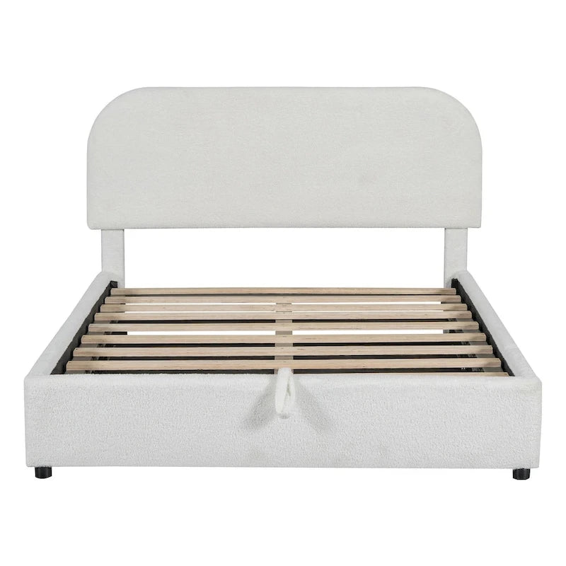 Lit plateforme rembourré pleine grandeur en molleton d'ours blanc/gris avec rangement hydraulique, 1 personne