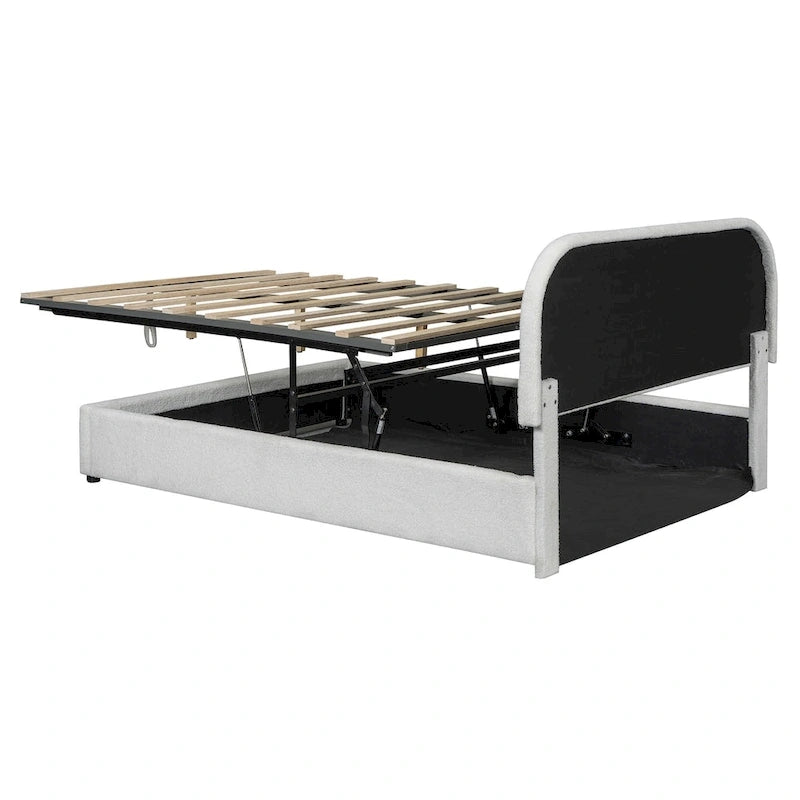 Lit plateforme rembourré pleine grandeur en molleton d'ours blanc/gris avec rangement hydraulique, 1 personne