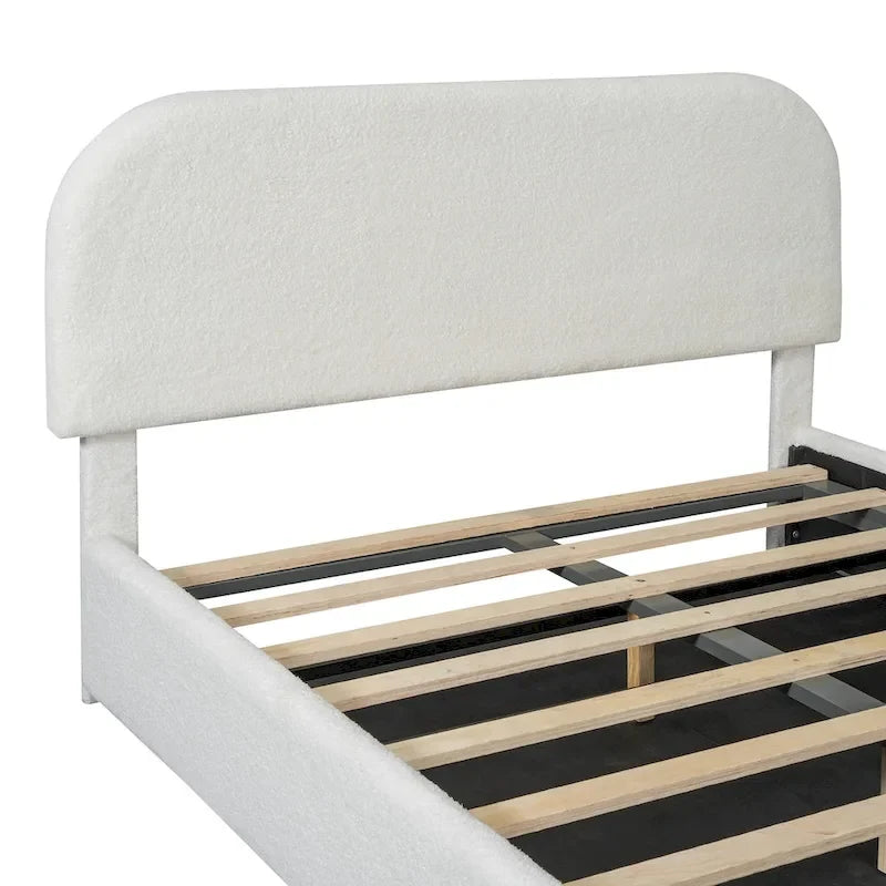 Lit plateforme rembourré pleine grandeur en molleton d'ours blanc/gris avec rangement hydraulique, 1 personne
