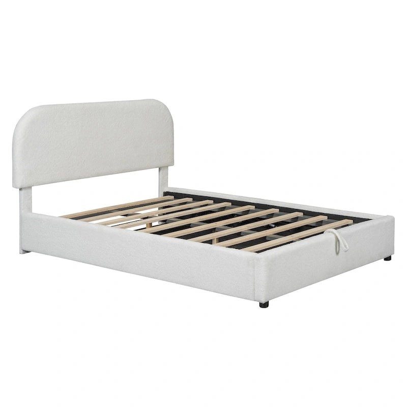 Lit plateforme rembourré pleine grandeur en molleton d'ours blanc/gris avec rangement hydraulique, 1 personne
