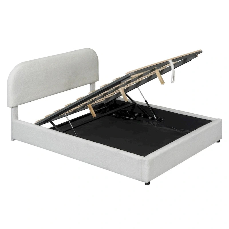 Lit plateforme rembourré pleine grandeur en molleton d'ours blanc/gris avec rangement hydraulique, 1 personne