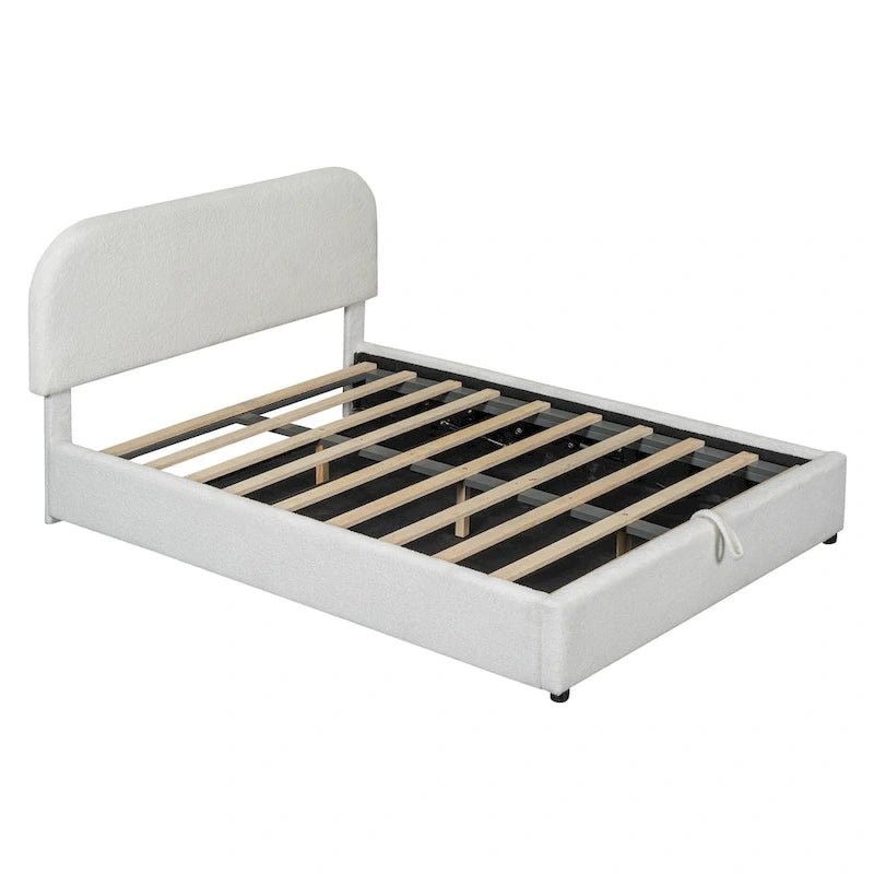 Lit plateforme rembourré pleine grandeur en molleton d'ours blanc/gris avec rangement hydraulique, 1 personne
