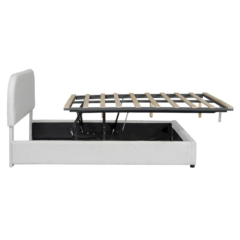 Lit plateforme rembourré pleine grandeur en molleton d'ours blanc/gris avec rangement hydraulique, 1 personne