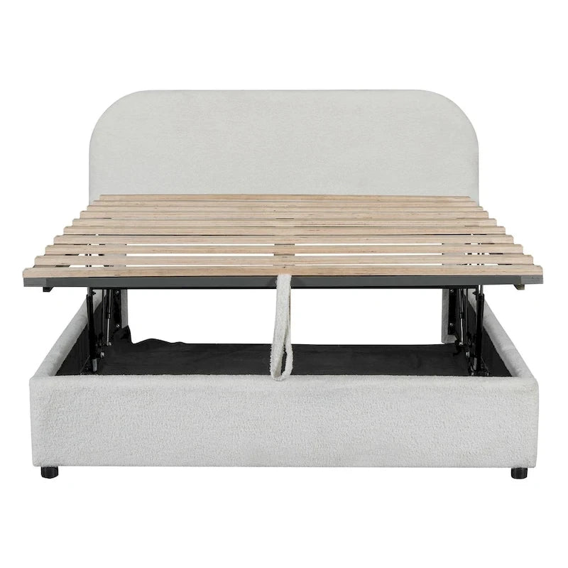 Lit plateforme rembourré pleine grandeur en molleton d'ours blanc/gris avec rangement hydraulique, 1 personne