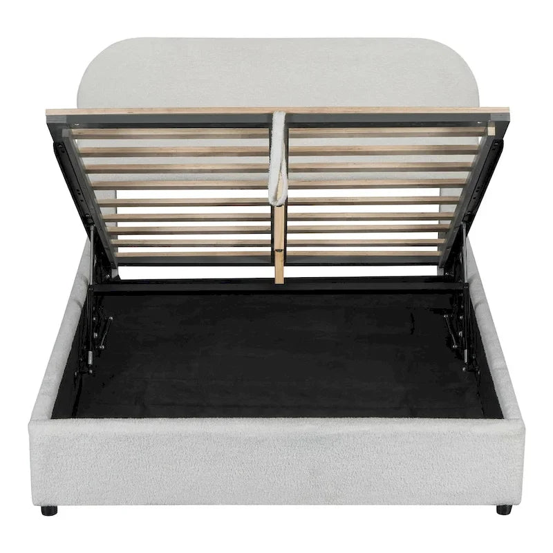 Lit plateforme rembourré pleine grandeur en molleton d'ours blanc/gris avec rangement hydraulique, 1 personne