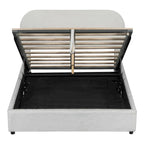 Lit plateforme rembourré pleine grandeur en molleton d'ours blanc/gris avec rangement hydraulique, 1 personne