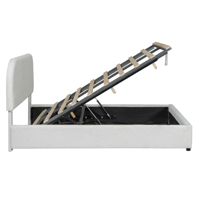 Lit plateforme rembourré pleine grandeur en molleton d'ours blanc/gris avec rangement hydraulique, 1 personne