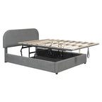 Lit plateforme rembourré pleine grandeur en molleton d'ours blanc/gris avec rangement hydraulique, 1 personne