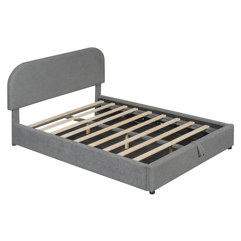 Lit plateforme rembourré pleine grandeur en molleton d'ours blanc/gris avec rangement hydraulique, 1 personne