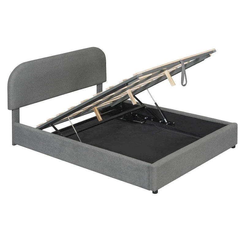 Lit plateforme rembourré pleine grandeur en molleton d'ours blanc/gris avec rangement hydraulique, 1 personne