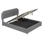 Lit plateforme rembourré pleine grandeur en molleton d'ours blanc/gris avec rangement hydraulique, 1 personne