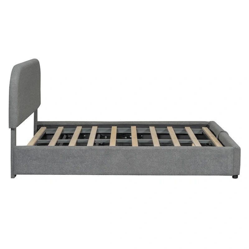 Lit plateforme rembourré pleine grandeur en molleton d'ours blanc/gris avec rangement hydraulique, 1 personne