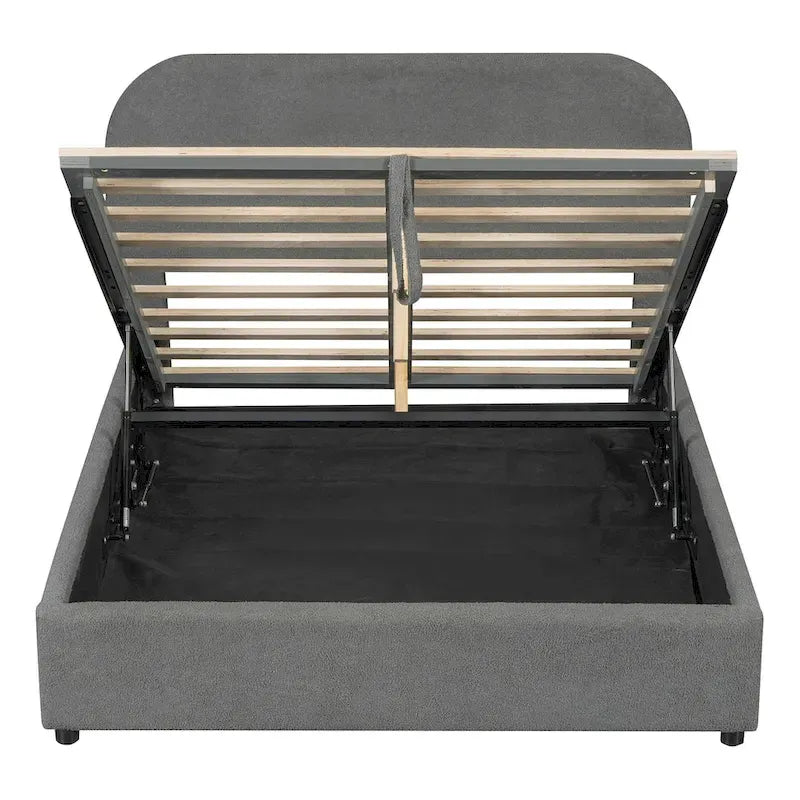 Lit plateforme rembourré pleine grandeur en molleton d'ours blanc/gris avec rangement hydraulique, 1 personne