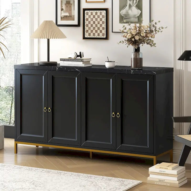 Buffet 4 portes noir/gris avec plateau en marbre et poignées en métal, assemblage par 1 personne