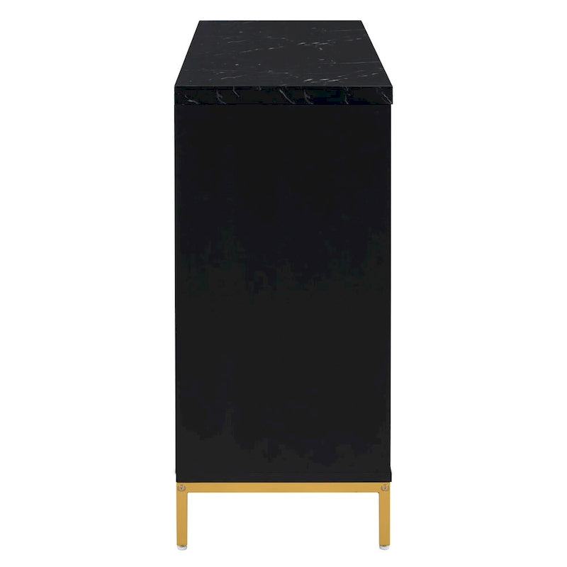 Buffet 4 portes noir/gris avec plateau en marbre et poignées en métal, assemblage par 1 personne