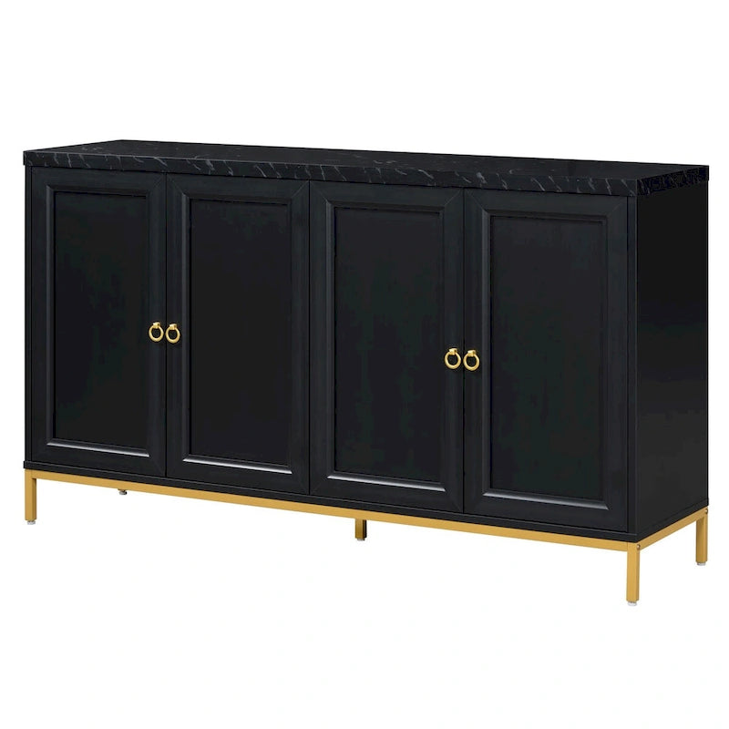 Buffet 4 portes noir/gris avec plateau en marbre et poignées en métal, assemblage par 1 personne