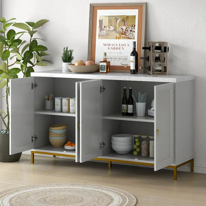 Buffet 4 portes noir/gris avec plateau en marbre et poignées en métal, assemblage par 1 personne