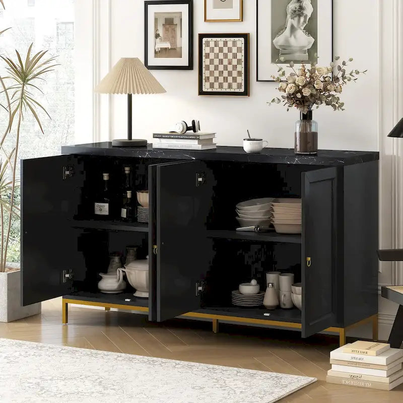 Buffet 4 portes noir/gris avec plateau en marbre et poignées en métal, assemblage par 1 personne