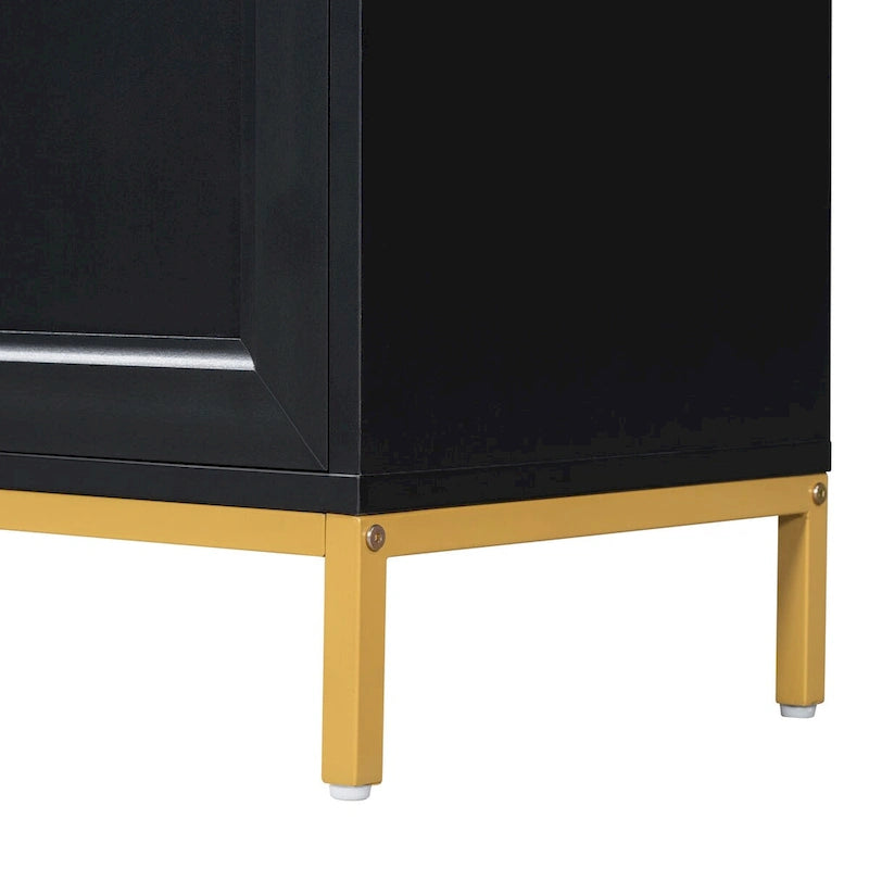 Buffet 4 portes noir/gris avec plateau en marbre et poignées en métal, assemblage par 1 personne