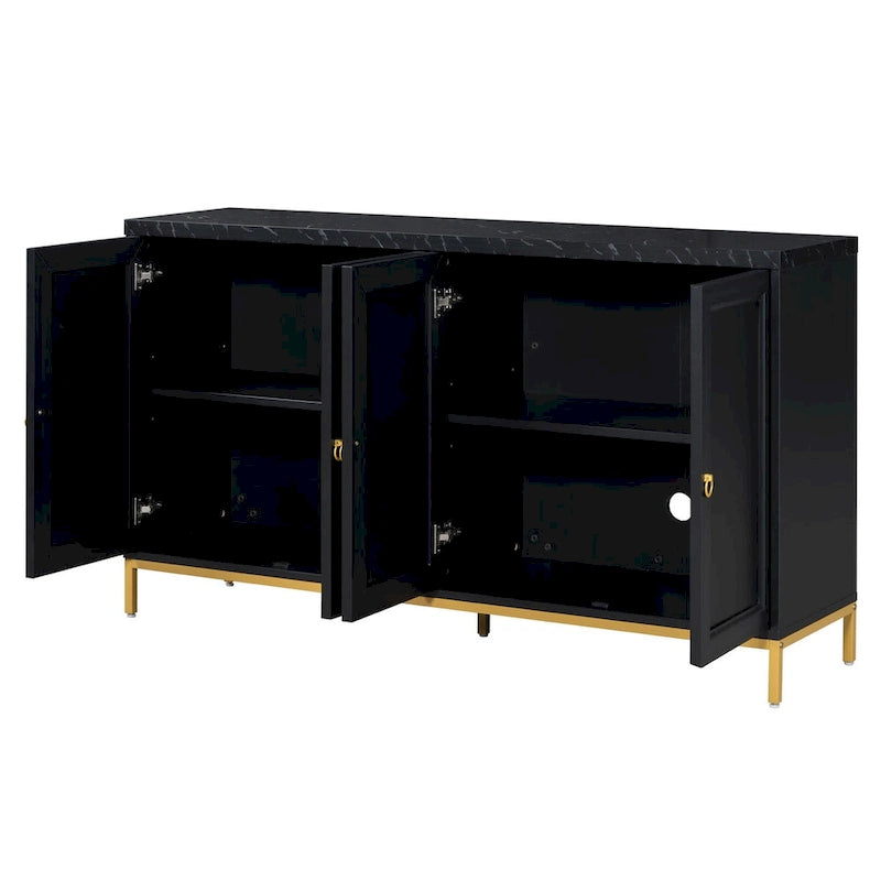 Buffet 4 portes noir/gris avec plateau en marbre et poignées en métal, assemblage par 1 personne