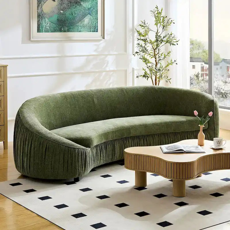 Canapé incurvé en tissu beige/vert, 4 places