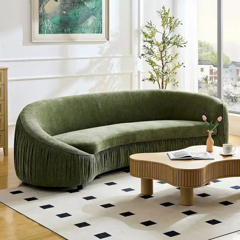 Canapé incurvé en tissu beige/vert, 4 places
