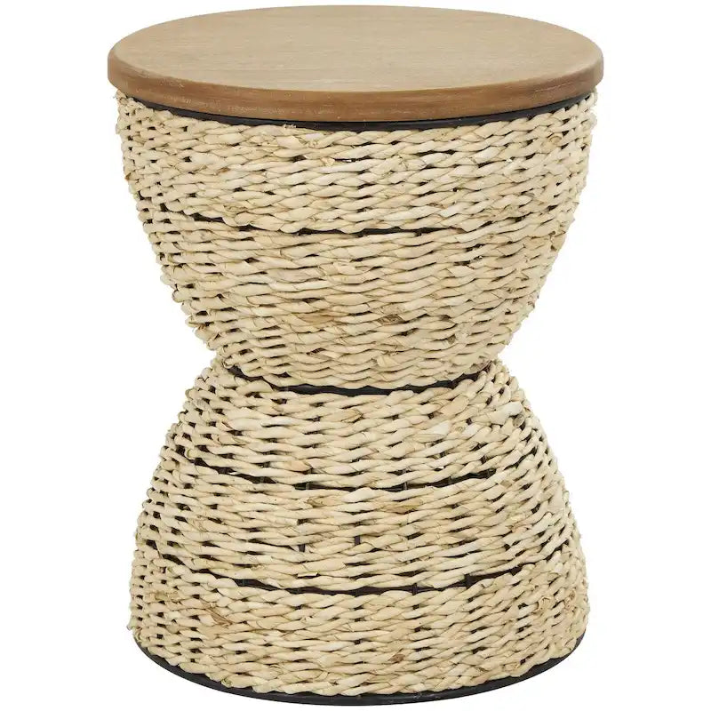 Table d'appoint en rotin tissé avec plateau en bois et structure noire - Marron / Marron clair - 1 personne
