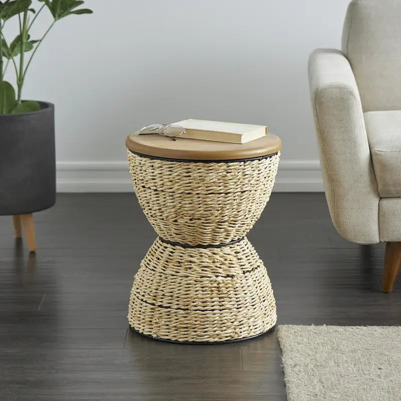 Table d'appoint en rotin tissé avec plateau en bois et structure noire - Marron / Marron clair - 1 personne