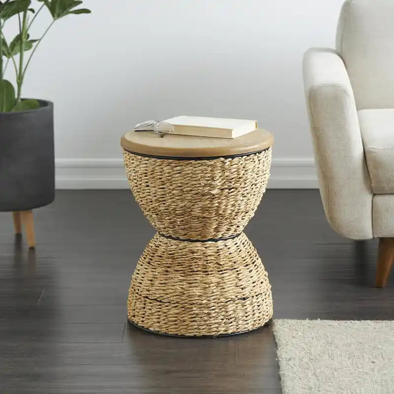 Table d'appoint en rotin tissé avec plateau en bois et structure noire - Marron / Marron clair - 1 personne